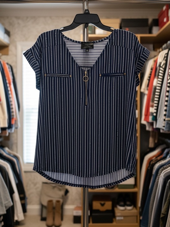 Flower & Feather Tops - Women’s Navy Striped V-Neck Blouse NWOT